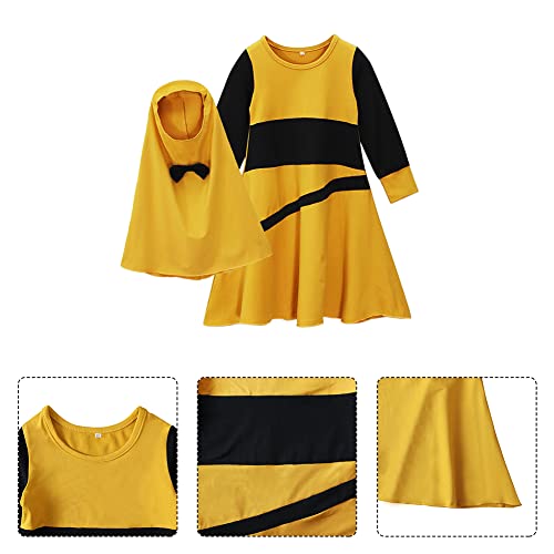 IBTOM CASTLE Abaya for Girl Kids Hijab Scarf Muslim Dress Two-piece Ramadan Prayer Clothes Islamic Arabic Kaftan Khimar Robe - color: Yellow, size: 3-4T