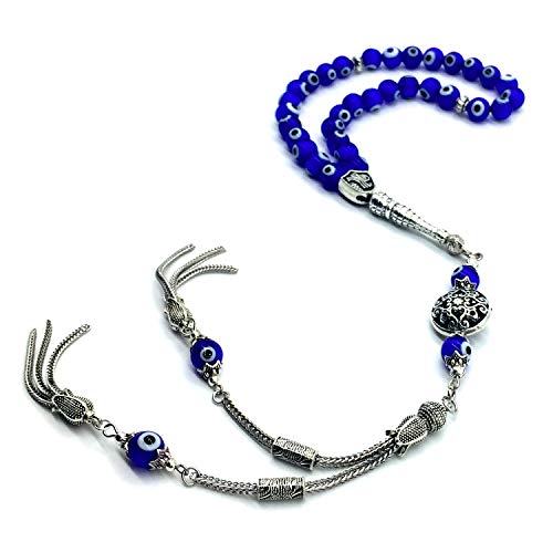Design - New Long & Stylist Tassels Worry Beads - Prayer Beads (8 mm-33 Beads) Tesbih-Tasbih-Tasbeeh-Misbaha-Subha-Sebha-Sibha-Rosary (Evil Eye - Twin Tassel) - color: Evil Eye - Twin Tassel
