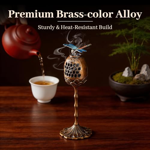 Incense Burner, Brass Alloy Incense Holder Hollow-Out Carving Bakhoor Burner with Meditation, Yoga, Home Office Decor for Spiritual Gifts (6.5 Inch Tall)