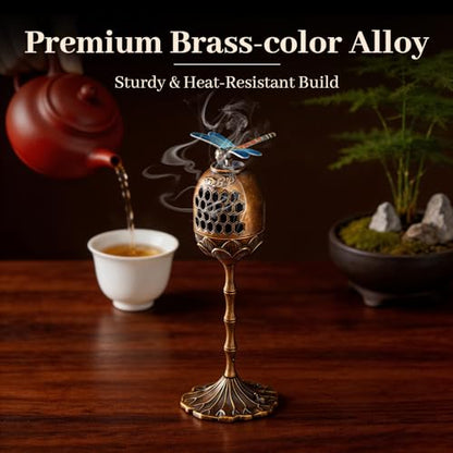 Incense Burner, Brass Alloy Incense Holder Hollow-Out Carving Bakhoor Burner with Meditation, Yoga, Home Office Decor for Spiritual Gifts (6.5 Inch Tall)