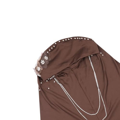 RARITYUS Women Bling Rhinestone Pearl Instant Scarf Muslim Hijab Fashion Shawl Head Wrap Turban Cap with Flower Accent - color: Coffee