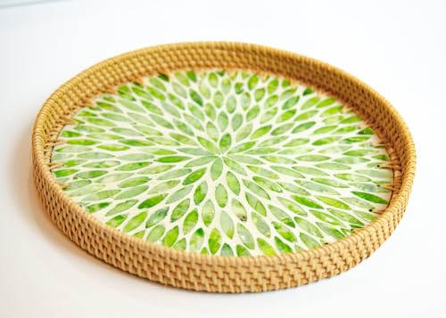 Magenta & Teal Round Rattan Serving Tray with Mother of Pearl Inlay, Wicker Coffee Table Decor, Farmhouse Style (Green Petals) - color: Green Petals