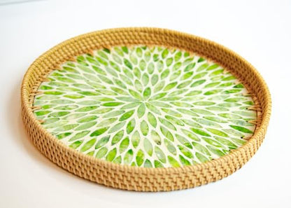 Magenta & Teal Round Rattan Serving Tray with Mother of Pearl Inlay, Wicker Coffee Table Decor, Farmhouse Style (Green Petals) - color: Green Petals