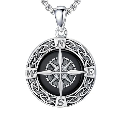 Graduation Gifts for Women 925 Sterling Silver Compass/Graduation/Vet/Cross/Stethoscope Necklace for Women - color: Compass-Obsidian