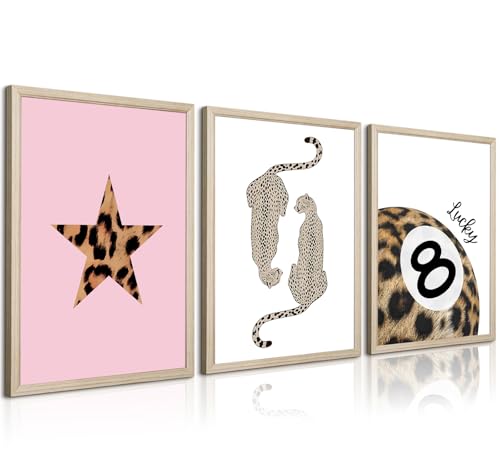 Leopard Wall Art Cheetah Canvas Prints Lucky 8 Ball Wall Decor Fashion Leopard Poster Aesthetic Pictures Trendy Cheetah Painting Preppy Pink Artwork for Living Room Bedroom 12x16x3 Inch Wood Framed - color: 8 Ball Prints, size: 12"x16" Framed