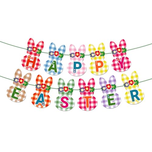 Happy Easter Checkered Rabbit Banner Colorful Checkered Party Hanging Banner Easter Theme Birthday Bridal Wedding Baby Shower Boys Girls Kids Home Classroom Party Supplies Decoration - color: Checkered Rabbit