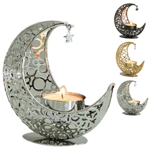 Crescent Moon Candle Holder with Star - Metal Tealight Stand for Ramadan Decor, Candlestick Holder Eid Mubarak, Boho Moon and Star Decorative Ornament for Bedroom, Living Room,Meditation Centrepiece
