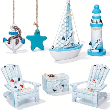 Queekay 7 Pcs Wooden Box Wooden Lighthouse Mini Sailboat Anchor Fish Hanging Starfish Model Spring Summer Easter Tree Ornament Decoration Aquarium Landscape Ornament Mini Garden Landscape (Novelty) - style: Novelty