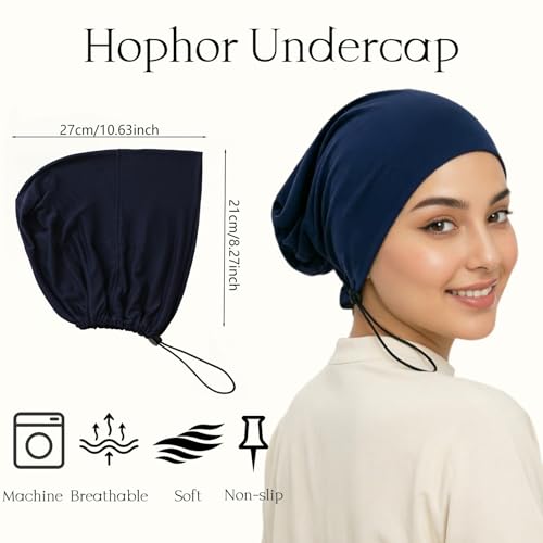 Women's Adjustable Elastic Drawstring Hijab Undercap, Soft Stretchy Jersey Underscarf Hijab Liner Hat - color: Navy