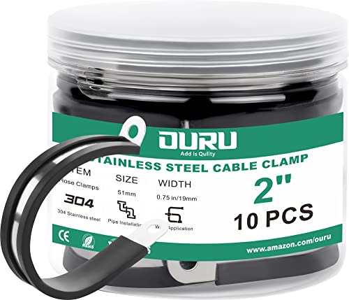 OURU 10pcs 2 Inch Stainless Steel Cable Clamps,Rubber Coated Cushioned Insulated Cable Clamp,Automotive Cable Wire Clamps,Pipe Clamps,Metal Clamp for Tube,Lines,Wire Cord Installation(Black,51mm) | 304 Stainless Steel, Anti-Vibration, Rust Resistant, Secu