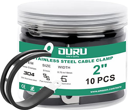 OURU 10pcs 2 Inch Stainless Steel Cable Clamps,Rubber Coated Cushioned Insulated Cable Clamp,Automotive Cable Wire Clamps,Pipe Clamps,Metal Clamp for Tube,Lines,Wire Cord Installation(Black,51mm) | 304 Stainless Steel, Anti-Vibration, Rust Resistant, Secu