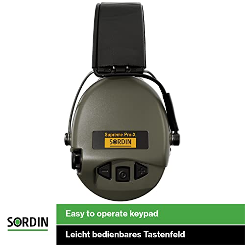 Sordin Pro-X Ear Muffs - Active and Electronic Ear Defenders w/Leather Headband - Gel Pads - Earmuffs for Hunting & Shooting - color: Olive