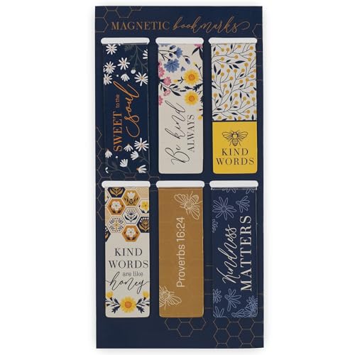 Christian Art Gifts Colorful Inspirational Magnetic Scripture Bookmark Set for Women: Kind Words are Like Honey Themed Navy Blue & Yellow Multicolor Floral Theme for Books, Bibles, Papers, Set of 6 - color: Kind Words