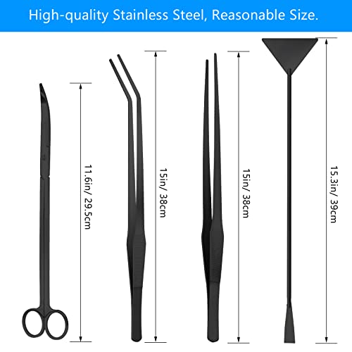 15" Aquarium Aquascape Tools Kit 4P Stainless Steel Aquascaping Set | 4in1 Extra Long Full Metal Design, Scissors, 2P Tweezers And Sand Spatula, For Trimming Plants, Arranging Sand And Aquascape - color: Black