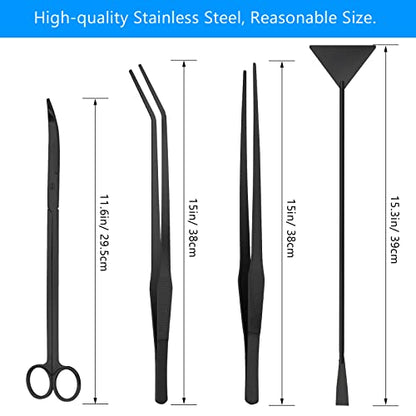 15" Aquarium Aquascape Tools Kit 4P Stainless Steel Aquascaping Set | 4in1 Extra Long Full Metal Design, Scissors, 2P Tweezers And Sand Spatula, For Trimming Plants, Arranging Sand And Aquascape - color: Black