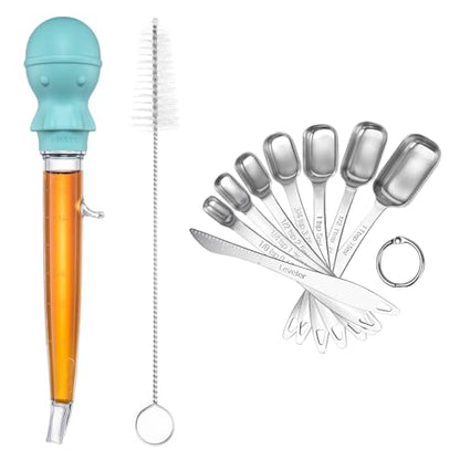U-Taste 228.2℉ Heat Resistant Food Grade 1.5oz Angled Turkey Baster, and 18/8 Stainless Steel Square Measuring Spoons Set of 8 (Aqua Sky+Silver)