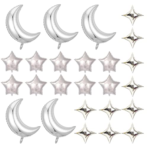 25Pcs Moon Star Shape Foil Balloons Set with 5 Pcs 28 Inch Large Moon Foil Balloons and 20 Foil Star Balloons for Wedding Baby Shower Birthday Graduation Anniversary Party (silver) - color: Silver Moon Star