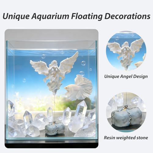 Floating Fish Tank Decorations,Aquarium Angel Decor - White Angel Ornament with Simulated Stone Weight,Betta Fish Tank Decorations,Cool Aquarium Decor for Beginner Fish Tanks