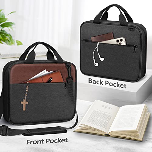 FINPAC Large Bible Cover, Carrying Book Case Church Bag Bible Protective with Zippered Pocket and Handle, Gift for Men Women - color: Black & Brown