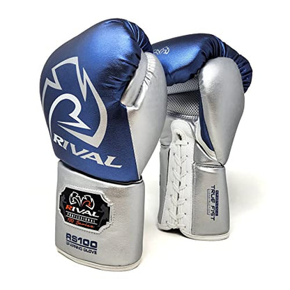 RIVAL Boxing RS100 Professional Lace-Up Sparring Gloves, Handcrafted with Super-Rich Microfiber PU, Ergonomically Designed to Perfectly Fit Your Hand - color: Blue/Silver, size: 14 oz.