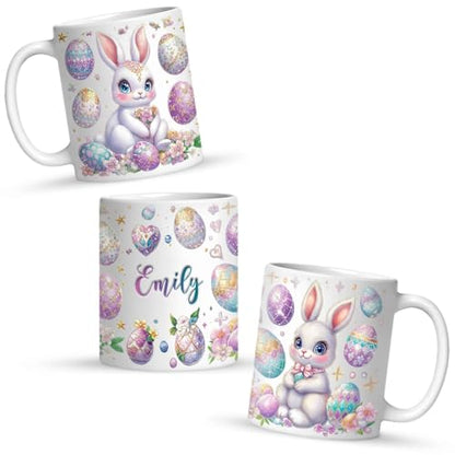 Personalized Sparkling Easter Bunny And Egg Full Wrap Mug, Custom Name Ceramic Cup, Customized Adorable Spring White Mug, Easter Day Coffee Cup, Gift For Kids On Holiday, Bunny Mug - color: XUA-1124-3656-Easter Day Mug