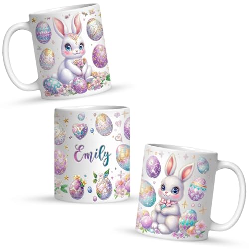 Personalized Sparkling Easter Bunny And Egg Full Wrap Mug, Custom Name Ceramic Cup, Customized Adorable Spring White Mug, Easter Day Coffee Cup, Gift For Kids On Holiday, Bunny Mug - color: XUA-1124-3656-Easter Day Mug
