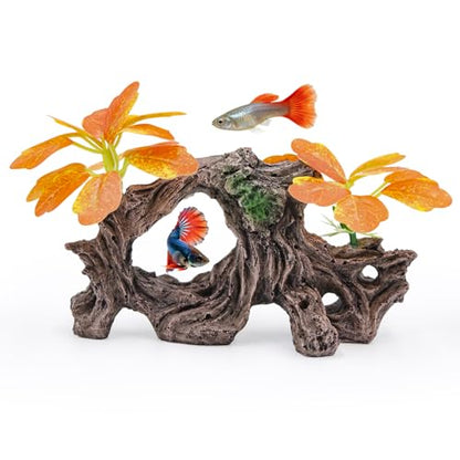 Fish Tank Decoration Aquarium Ornament with Silk Leaf Plants and Artificial Driftwood Cave Hideout Safe for Betta Fish