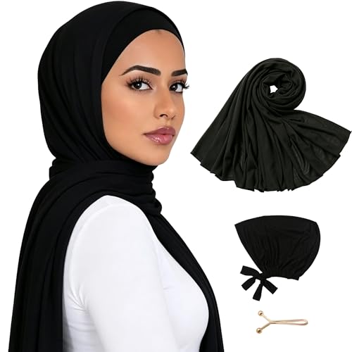 Hijab Scarf for Women, 3PCS Set with Undercap and Hijab Clip Lightweight Modal Muslim Head Wrap Scarf for Daily - color: Sy1-black Hijab+black Undercap