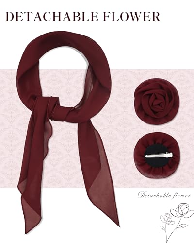 Chiffon Scarf for Women, Removable Flower Neck Scarf Light Soft Fashion Rose Scarves Versatile Headband or Hair Band - color: Burgundy