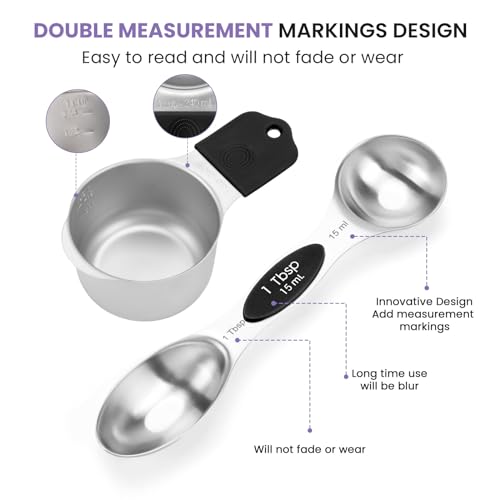 Magnetic Measuring Cups and Spoons Set-Heavy Duty 304 Stainless Steel | Double Measurement Markings,BPA-Free,Set of 16 with Leveler for Measuring Dry and Liquid Ingredients(Black) - color: Black