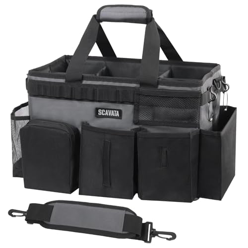 SCAVATA Wearable Cleaning Caddy Bag, Cleaning Caddy Supplies Organizer with Handle & Shoulder Straps for Housekeepers, Under Sink & Car Cleaning Tool Organizers with 4 Foldable Divider (GraphiteGrey) - color: GraphiteGrey