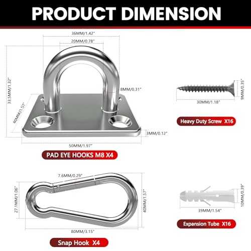 sprookber 304 Stainless Steel Pad Eye Snap Hooks, M8 Heavy Duty Ceiling Hooks, 1200 lb Capacity Hammock Swing Hanging kit, Plant Hangers, Marine Hardware Staple Hook Loop with Screws, Set of 8 | Hanging Kit with Screws for Hammock Chair Swing, Yoga Gym Eq