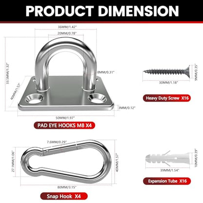 sprookber 304 Stainless Steel Pad Eye Snap Hooks, M8 Heavy Duty Ceiling Hooks, 1200 lb Capacity Hammock Swing Hanging kit, Plant Hangers, Marine Hardware Staple Hook Loop with Screws, Set of 8 | Hanging Kit with Screws for Hammock Chair Swing, Yoga Gym Eq