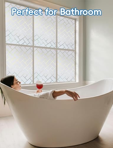 Frosted Glass Window Film Sun Blocking Window Tinting Film for Home, Static Clings Removable Frosting Bathroom Door Window Covering, 35.4 inch x 157.4 inch, White-Grid - size: 35.4 inch x 157.4 inch