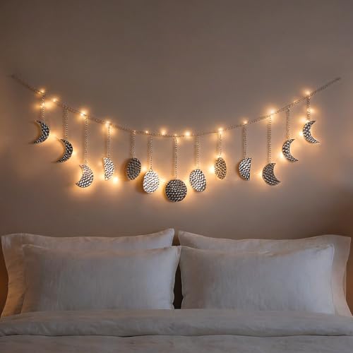 opulinea Moon Phase Wall Decor with LED String Lights, Silver Hammered Metal Celestial Wall Hanging - color: Sliver Led, size: 6.3"L x 36"W