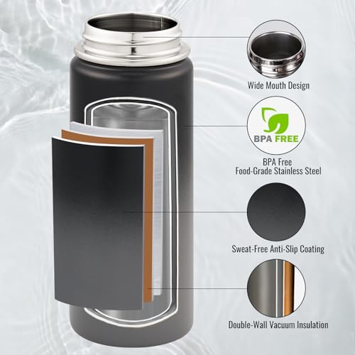 Fijinhom Insulated Water Bottle with Handle, 304 Stainless Steel Water Bottles with Wide Mouth, Double Wall Vacuum Sports Water Bottle, BPA Free, Keep Cold and Hot, 24 Ounces, Black/Gray - color: Black/Gray, size: 24 Ounces
