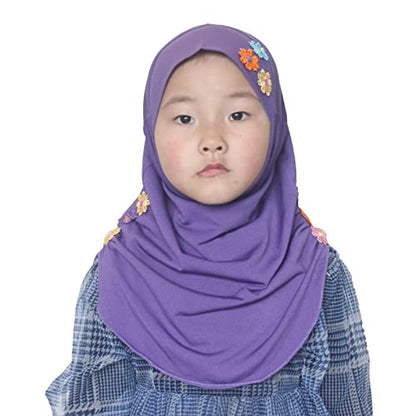 Girls Instant Hijab – Soft Kids Muslim Scarf with Flower, Breathable One-Piece Headscarf for Toddlers Age 2-8 - color: Purple