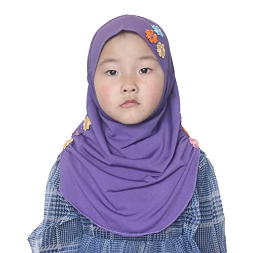 Girls Instant Hijab – Soft Kids Muslim Scarf with Flower, Breathable One-Piece Headscarf for Toddlers Age 2-8 - color: Purple
