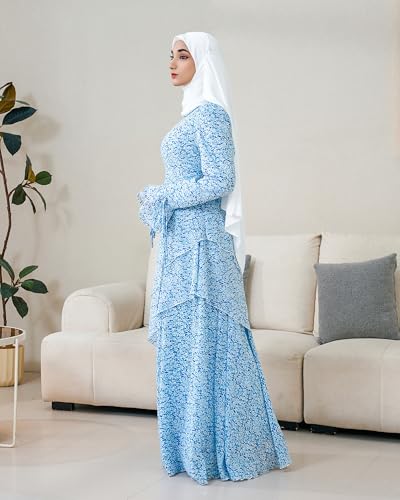 Muslim Abaya Dress for Women 3-Piece Set, Ruffle Top & Chiffon Maxi Skirt - color: Blue, size: Medium