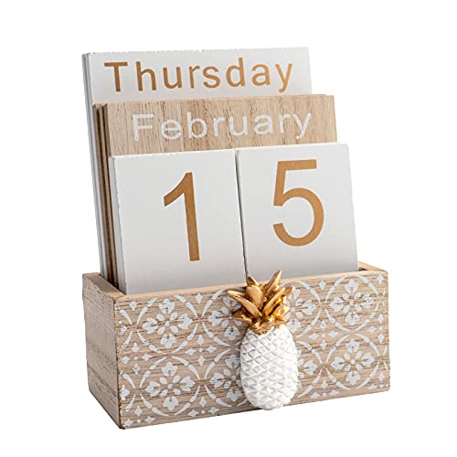 Notakia Vintage Wood Block Perpetual Calendar Month Week Date Display for Home Office Desk Rustic Decoration, Brown pineapple - color: Brown pineapple