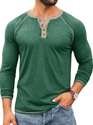 Yousify Mens Henley Shirts Long Sleeve Tops - color: Dark Green, size: XX-Large