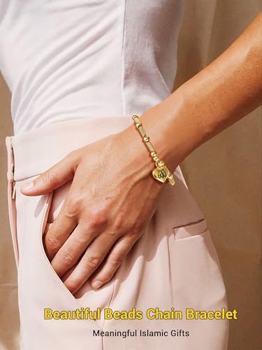 PROSTEEL Allah Bracelet, Muslim Islamic Jewelry Religious Islam Arabic God Charm Stainless Steel Beads Chain Bracelet, fits wrist from 5.9'' to 7.9'', Come with Box - color: 01 gold-allah heart