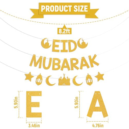 Eid Mubarak Banner - Ramadan Mubarak Decor, Happy Eid Sign, Islamic Festiva Party Decorations Gold Glitter