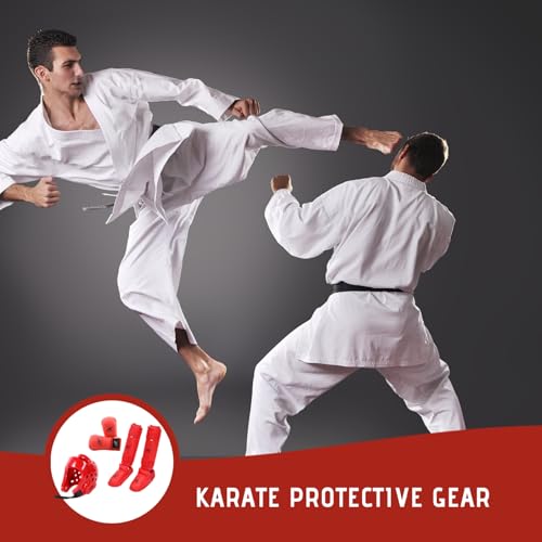 Karate Sparring Gear Set Includes 1 Helmet 1 Pair Gloves & Pair Leg Guard, Protective Polyester for Taekwondo Biking Red M