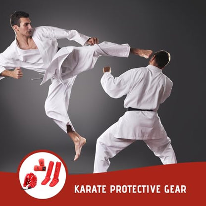 Karate Sparring Gear Set Includes 1 Helmet 1 Pair Gloves & Pair Leg Guard, Protective Polyester for Taekwondo Biking Red M