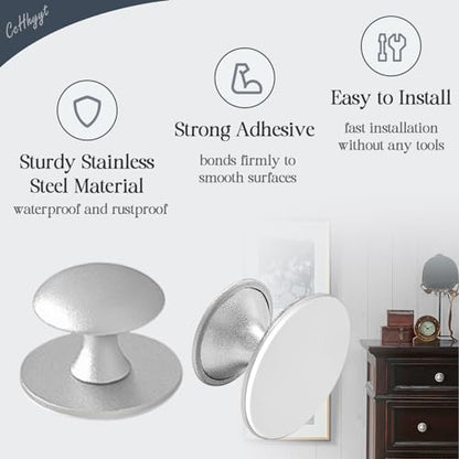 Adhesive Cabinet Knobs 4pcs Silver Self-Stick Knobs Drill Free Dresser Drawer Pulls Stainless Steel Stick On Handles for Medicine Cabinets Drawer Cupboards Glass Sliding Door Terrarium Lid - color: Silver