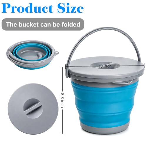 Bekith 2 Pack Collapsible Plastic Bucket with Locking Lid, 5L / 1.32 Gallon Foldable Round Tub Portable Fishing Water Pail for Hiking, Backpacking, Camping and Outdoor Survival (Blue, Gray)