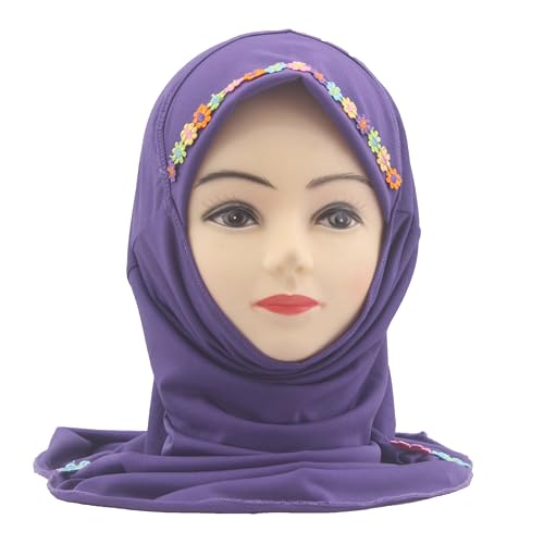 Girls Instant Hijab – Soft Kids Muslim Scarf with Flower, Breathable One-Piece Headscarf for Toddlers Age 2-8 - color: Small Flower-purple