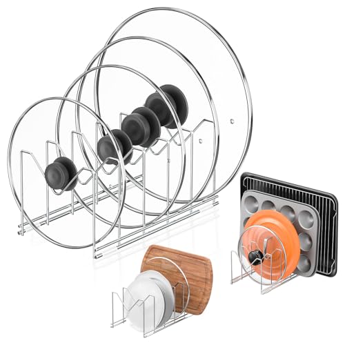 HzTinT 3 Pack Pot Lid Organizer for Cabinet, Stainless Steel Pot Lid Rack with Anti-slip Pad, Lid Holder for Pans Pots, Bakeware, Plates, Cookie Sheets, Trays, Dish, Cutting Boards, Silver