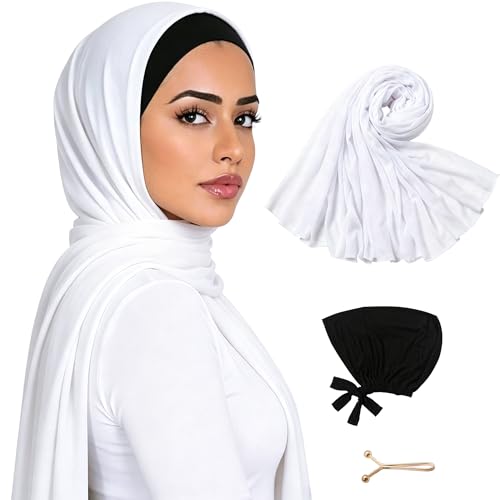 Hijab Scarf for Women, 3PCS Set with Undercap and Hijab Clip Lightweight Modal Muslim Head Wrap Scarf for Daily - color: Sy7-white Hijab+black Undercap